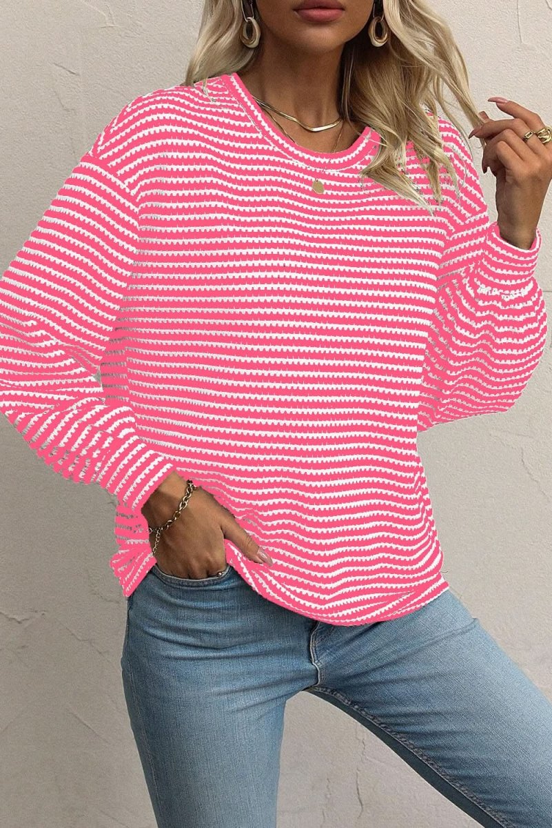 Rose Stripe Round Neck Drop Shoulder Long Sleeve Top - Love Salve