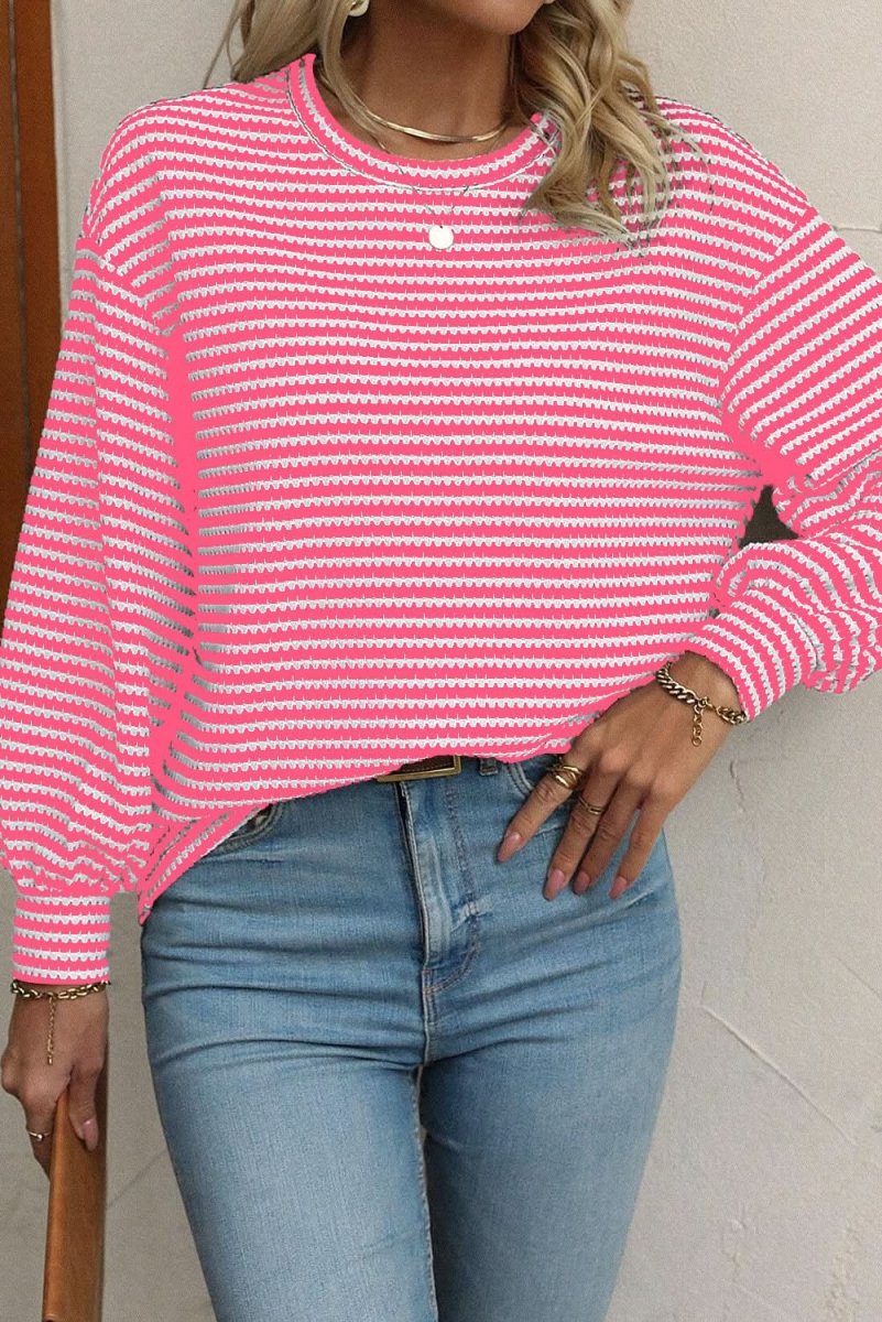 Rose Stripe Round Neck Drop Shoulder Long Sleeve Top - Love Salve