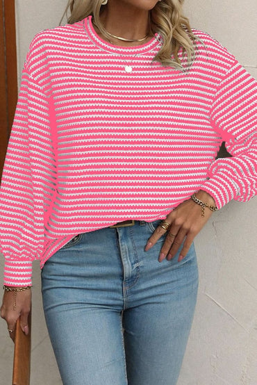 Rose Stripe Round Neck Drop Shoulder Long Sleeve Top - Love Salve