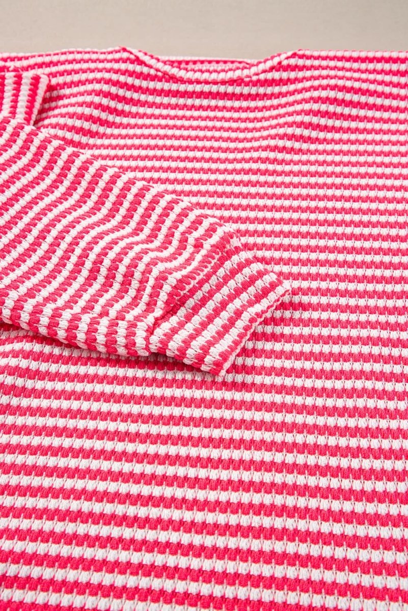 Rose Stripe Round Neck Drop Shoulder Long Sleeve Top - Love Salve