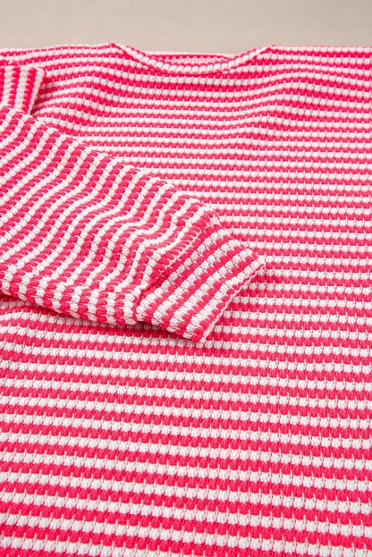 Rose Stripe Round Neck Drop Shoulder Long Sleeve Top - Love Salve