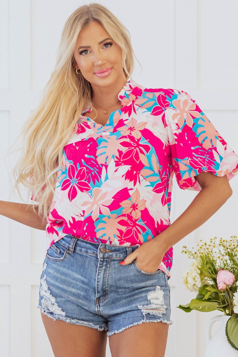 Rose Tropical Plant Printed V Neck Puff Sleeve Blouse - Love Salve 