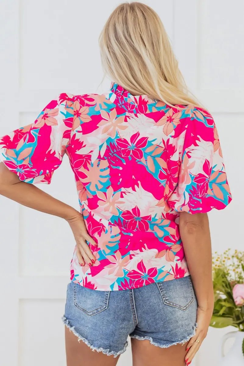 Rose Tropical Plant Printed V Neck Puff Sleeve Blouse - Love Salve 