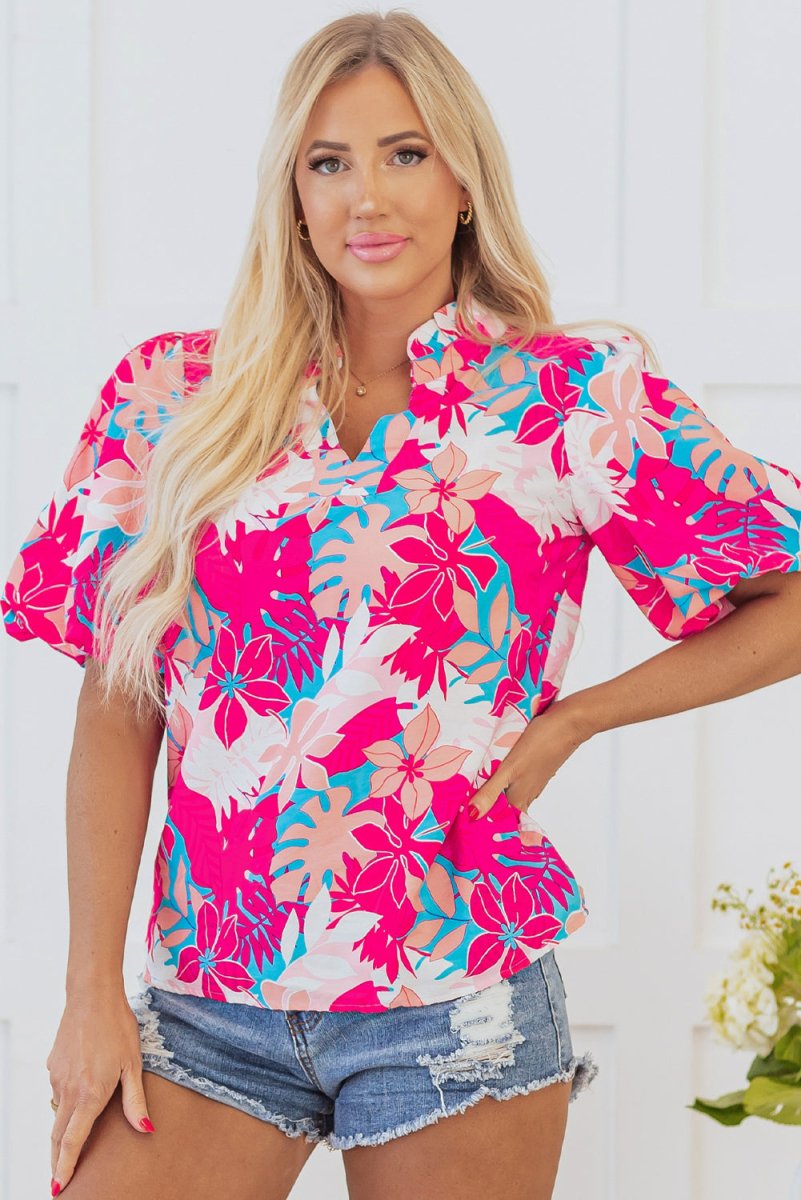 Rose Tropical Plant Printed V Neck Puff Sleeve Blouse - Love Salve 