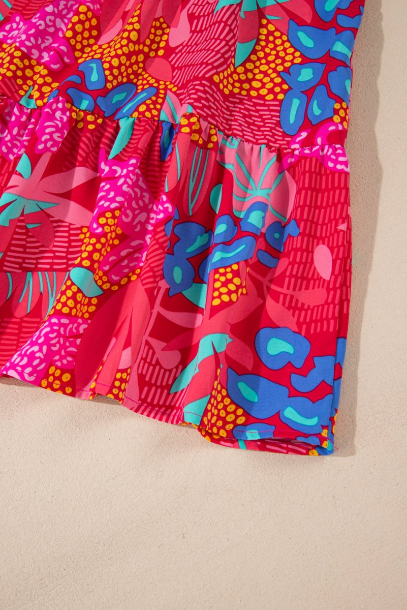 Rose Tropical Printed Lantern Sleeve V Neck Ruffled Plus Size Mini Dress - Love Salve 