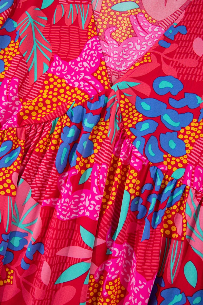 Rose Tropical Printed Lantern Sleeve V Neck Ruffled Plus Size Mini Dress - Love Salve 