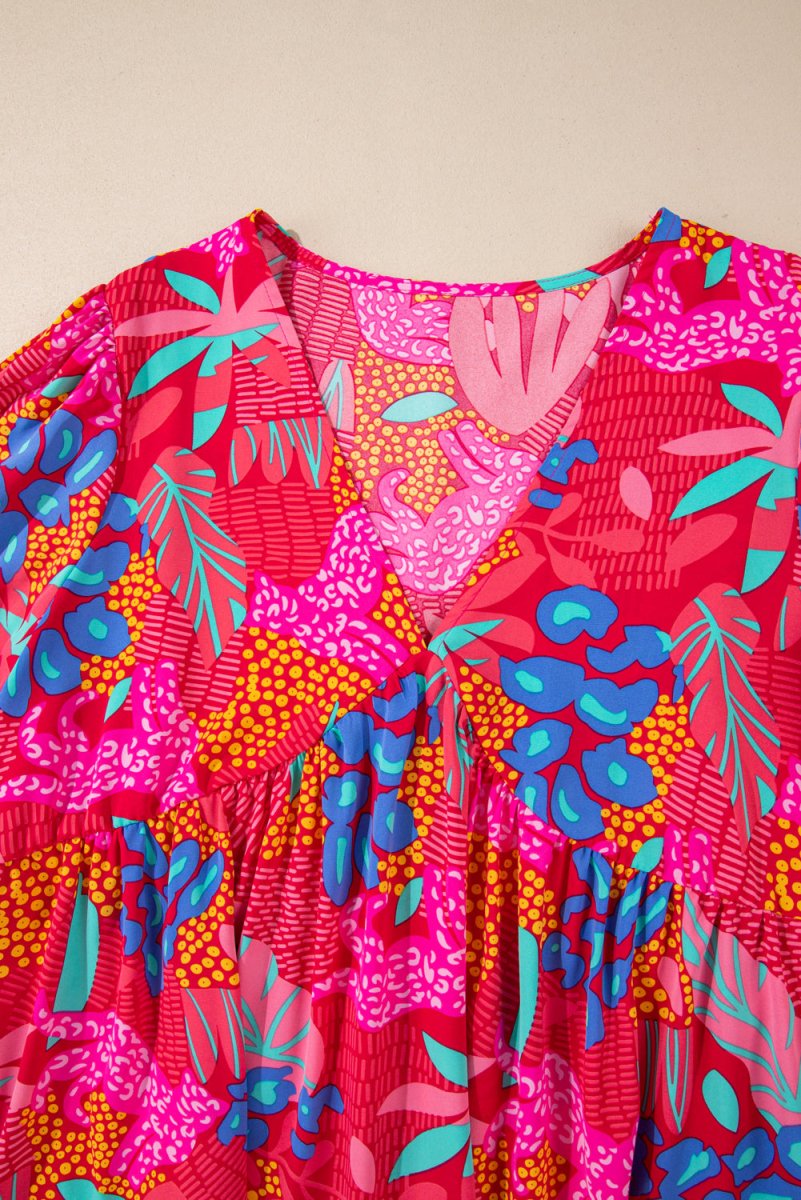 Rose Tropical Printed Lantern Sleeve V Neck Ruffled Plus Size Mini Dress - Love Salve