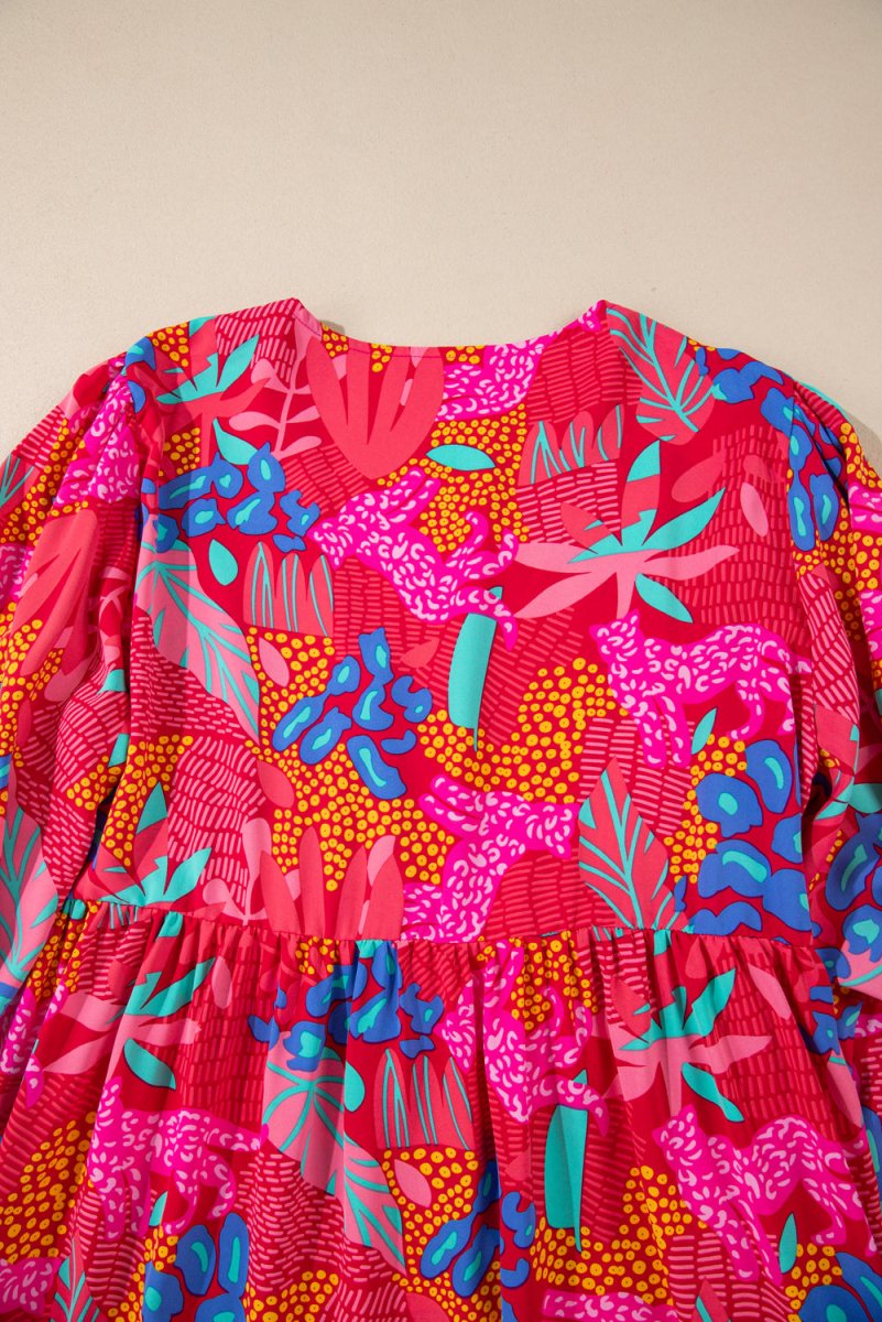 Rose Tropical Printed Lantern Sleeve V Neck Ruffled Plus Size Mini Dress - Love Salve