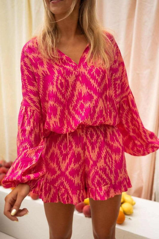 Rose Western Aztec Geometric Print Top and Ruffled Shorts Set - Love Salve 