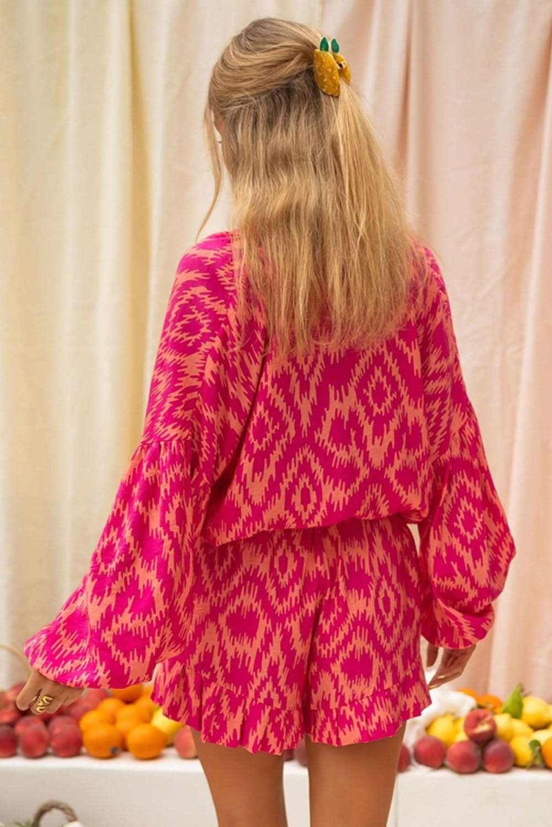 Rose Western Aztec Geometric Print Top and Ruffled Shorts Set - Love Salve 