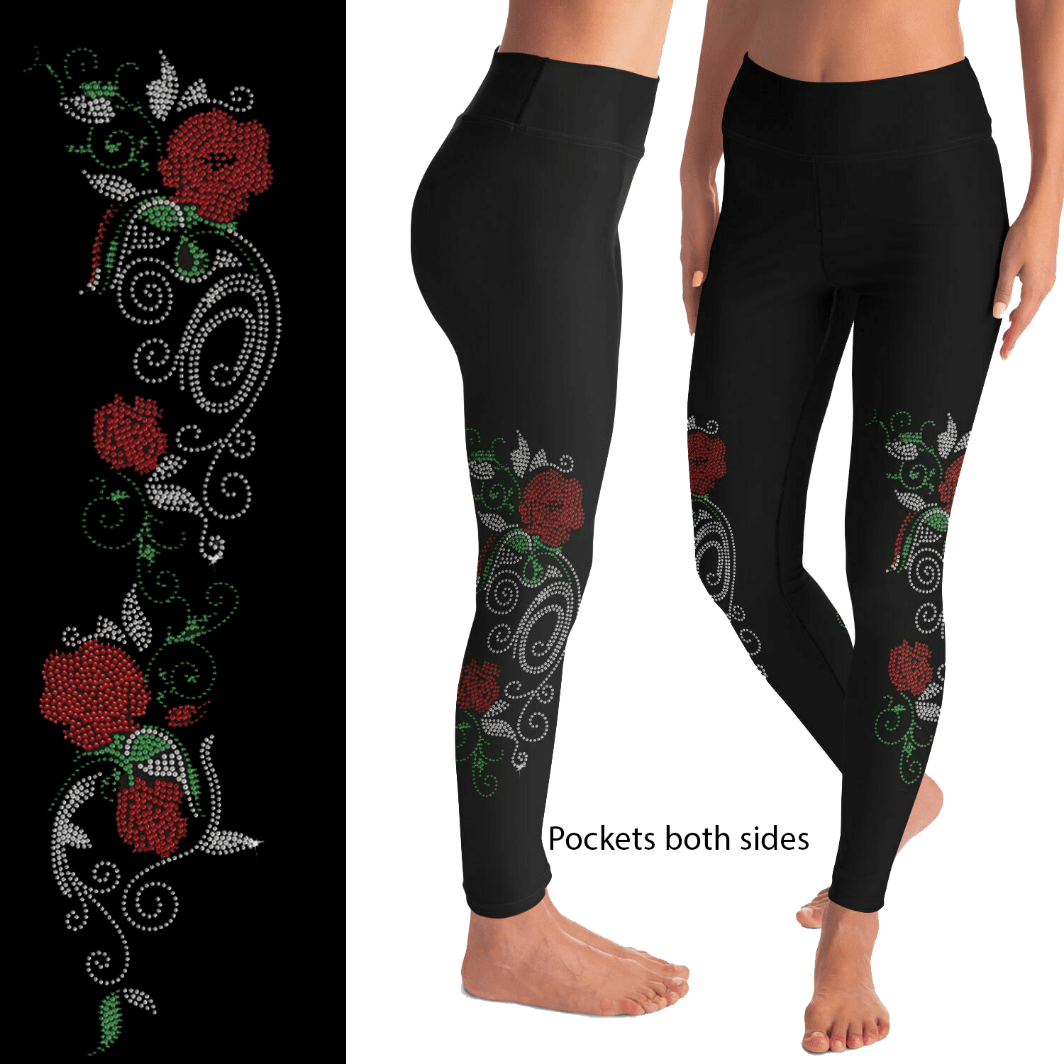 Red Rose Rhinestone Vine Leggings High Waist With Side Pockets MM