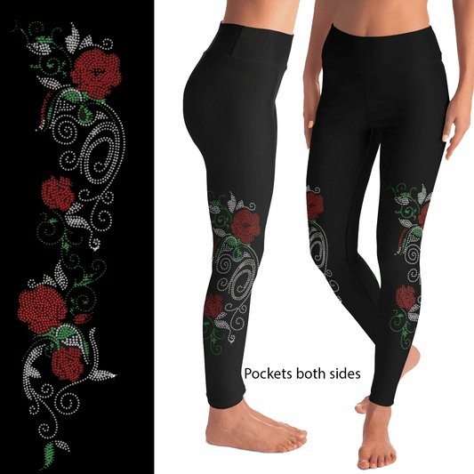 Red Rose Rhinestone Vine Leggings High Waist With Side Pockets MM
