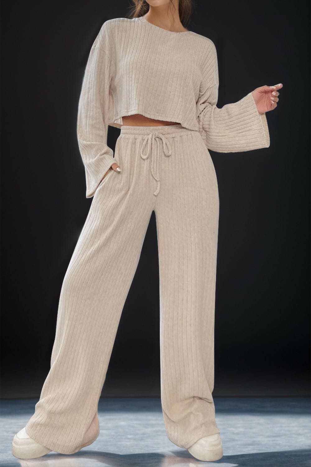 Round Neck Long Sleeve Top and Pants Set - Love Salve