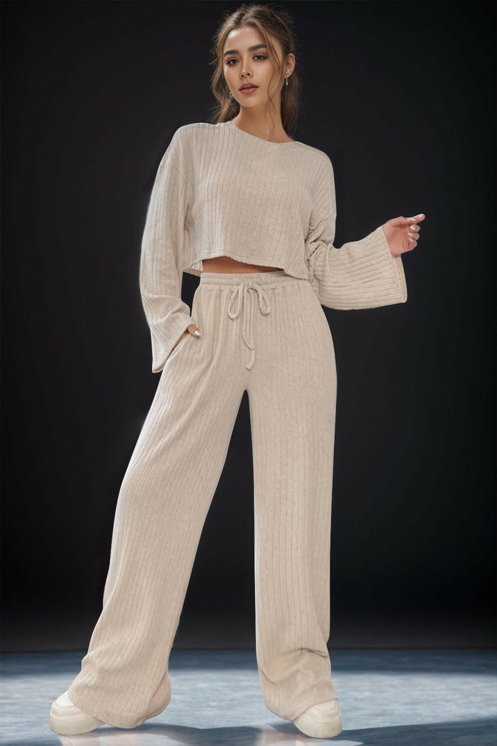 Round Neck Long Sleeve Top and Pants Set - Love Salve