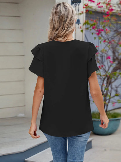 Round Neck Ruffled Layered Sleeve Blouse - Love Salve