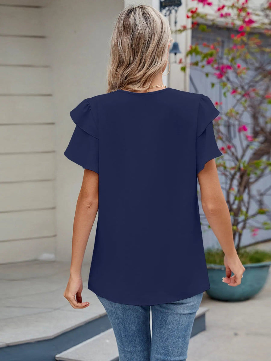 Round Neck Ruffled Layered Sleeve Blouse - Love Salve