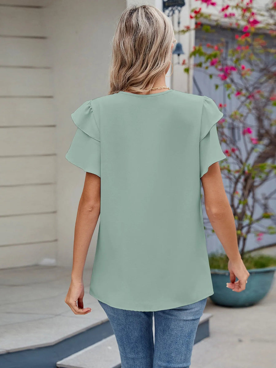 Round Neck Ruffled Layered Sleeve Blouse - Love Salve