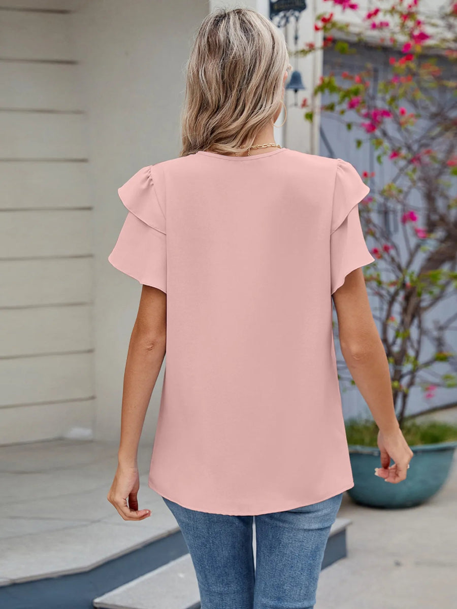 Round Neck Ruffled Layered Sleeve Blouse - Love Salve