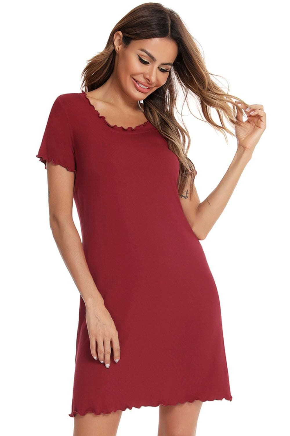 Cozy Short Sleeve Lounge Dress with Round NeckUpgrade Your Loungewear with Our Cozy Short Sleeve Lounge Dress
 
 
Effortlessly Stylish: Embrace a basic yet trendy style with our lounge dress featuring a round neLove Salve Cozy Short Sleeve Lounge DressSleep