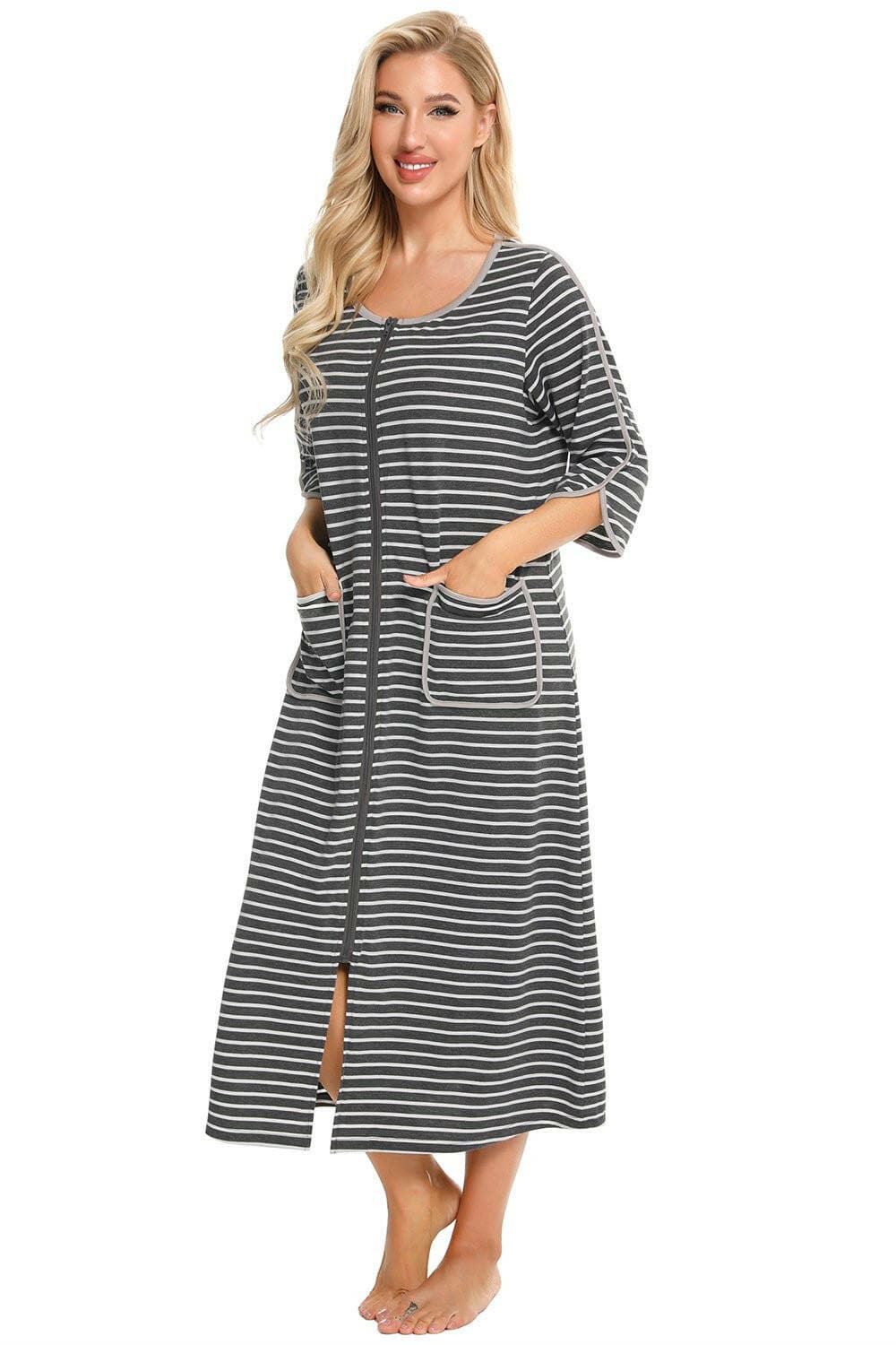 Round Neck Three-Quarter Sleeve Midi Night Dress - Love Salve