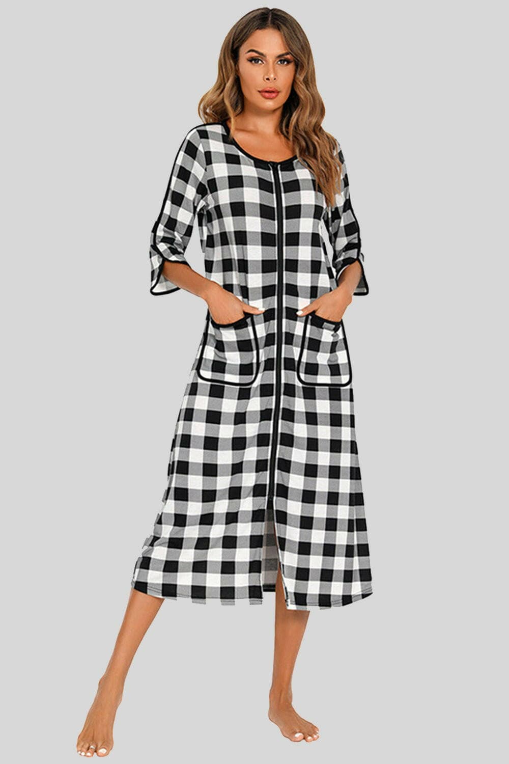 Round Neck Three-Quarter Sleeve Midi Night Dress - Love Salve