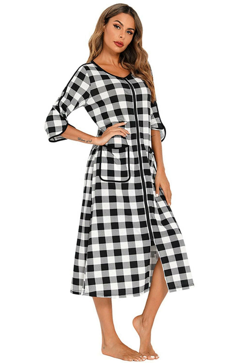 Round Neck Three-Quarter Sleeve Midi Night Dress - Love Salve