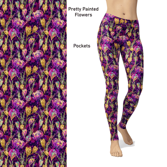 Pretty Painted Flowers  Leggings with Pockets MM