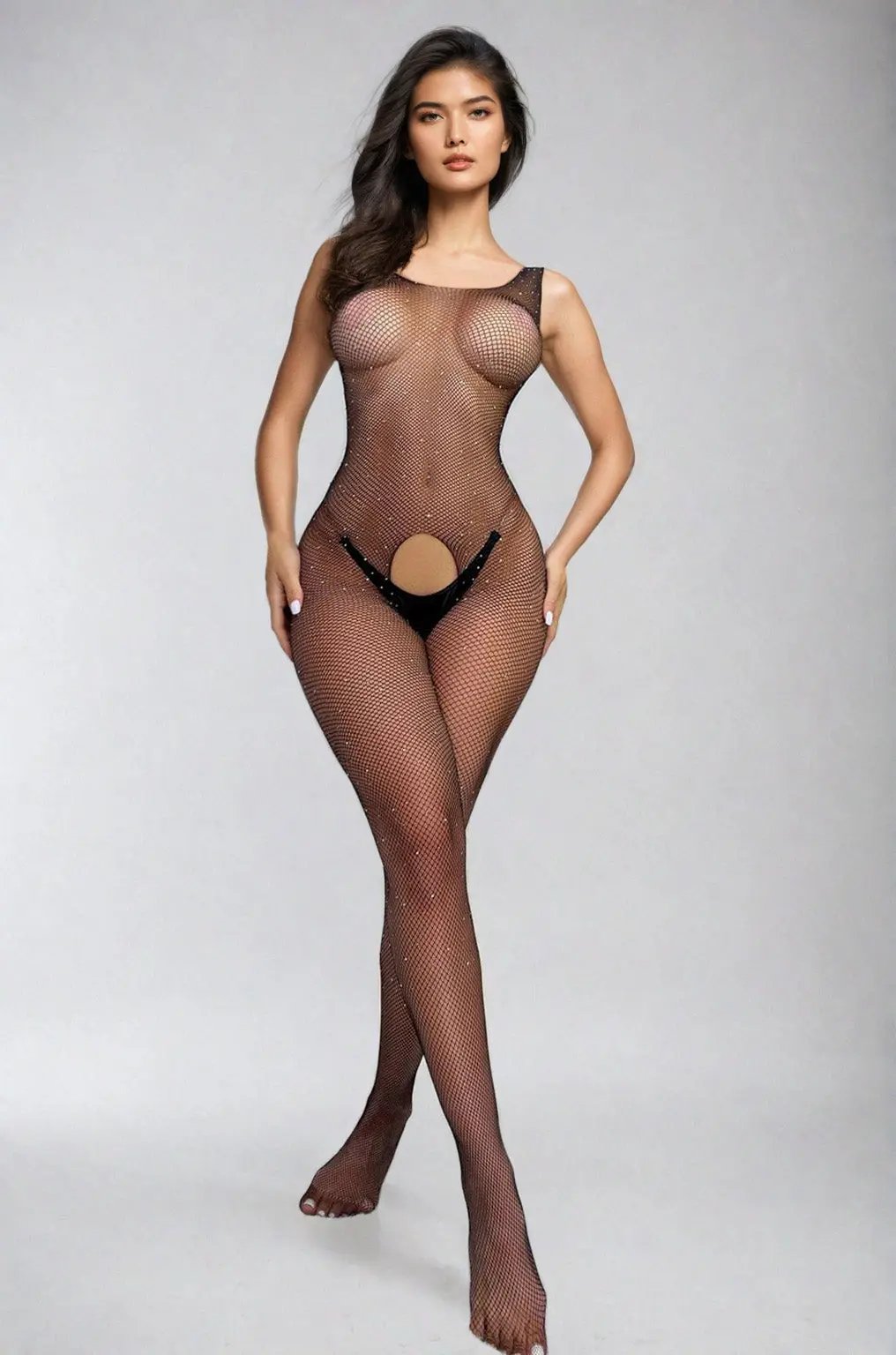 Rhinestone Net Crotchless Bodystocking 3wishes.com