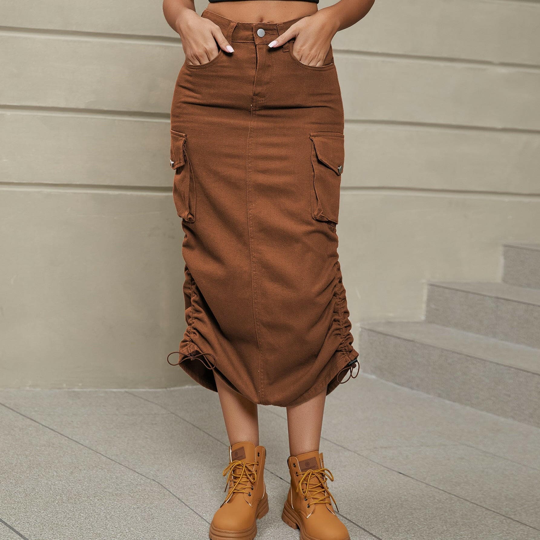 Ruched Drawstring Split Denim Skirt with Pockets - Love Salve