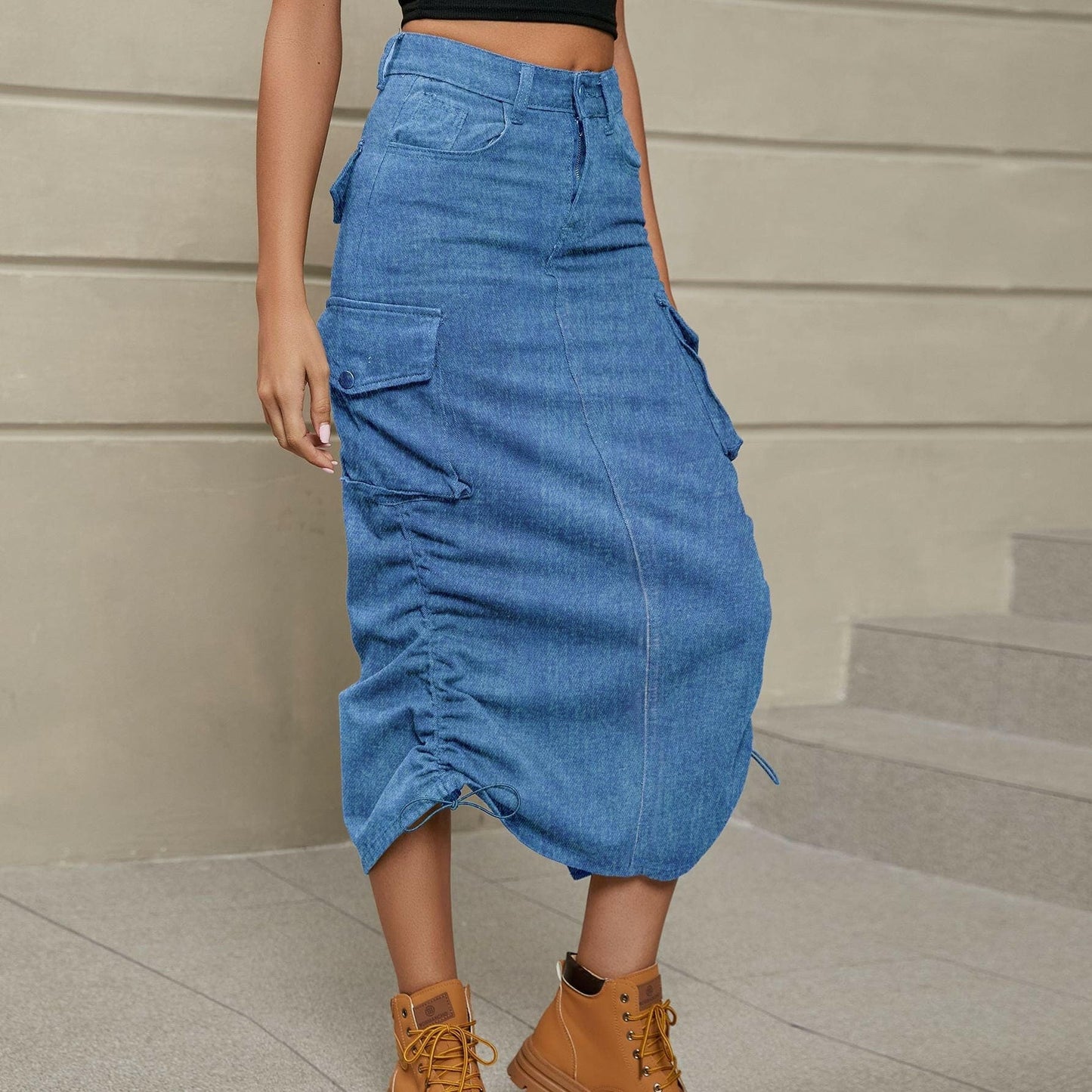 Ruched Drawstring Split Denim Skirt with Pockets - Love Salve