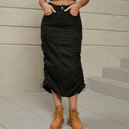 Ruched Drawstring Split Denim Skirt with Pockets - Love Salve