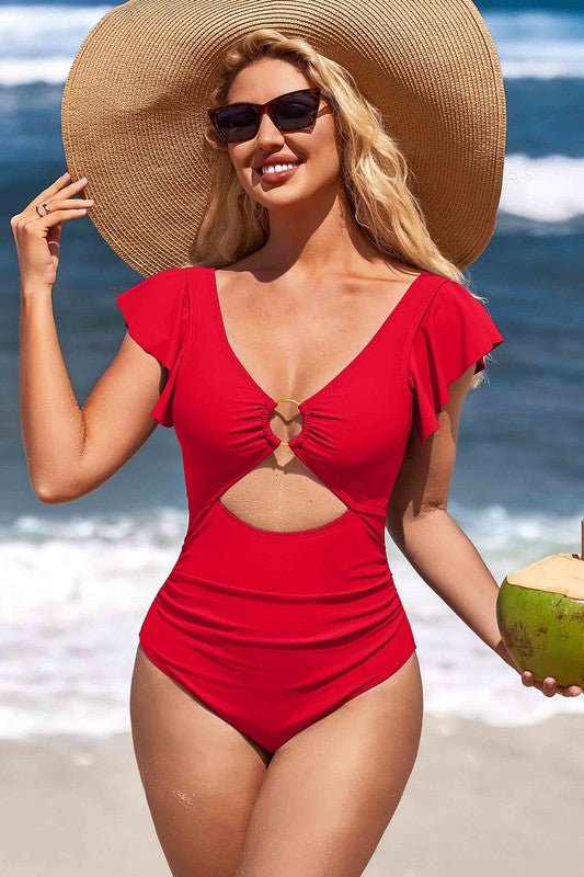 Ruffle O-Ring Cutout One Piece Bathing Suit for Women - Love Salve 