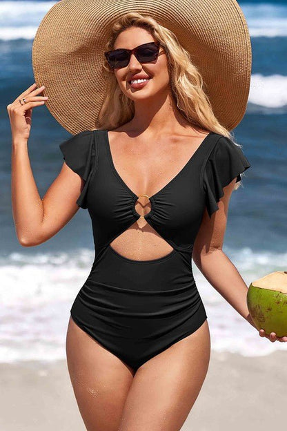 Ruffle O-Ring Cutout One Piece Bathing Suit for Women - Love Salve 