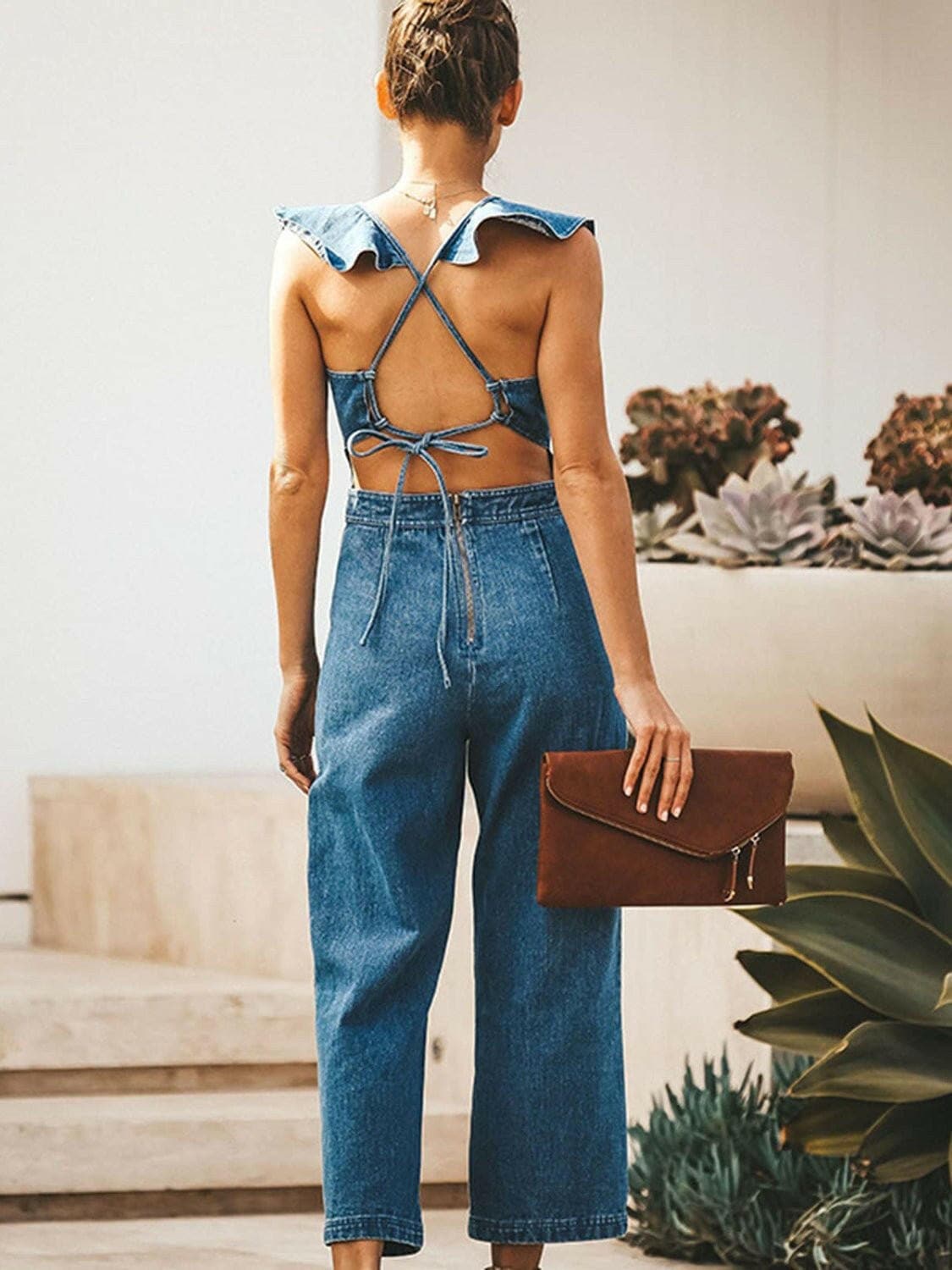 Ruffled Backless Sleeveless Denim Jumpsuit - Love Salve