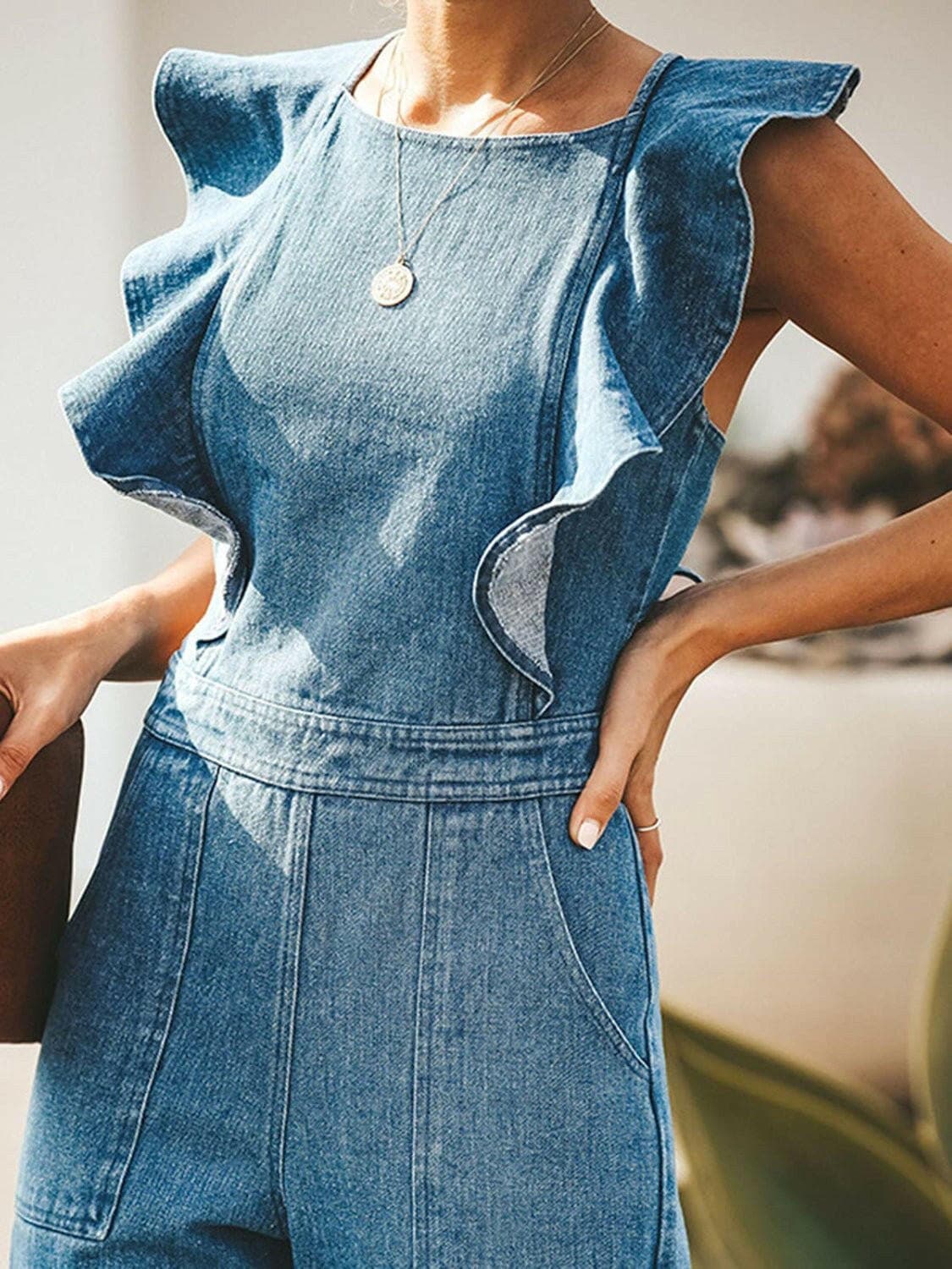 Ruffled Backless Sleeveless Denim Jumpsuit - Love Salve