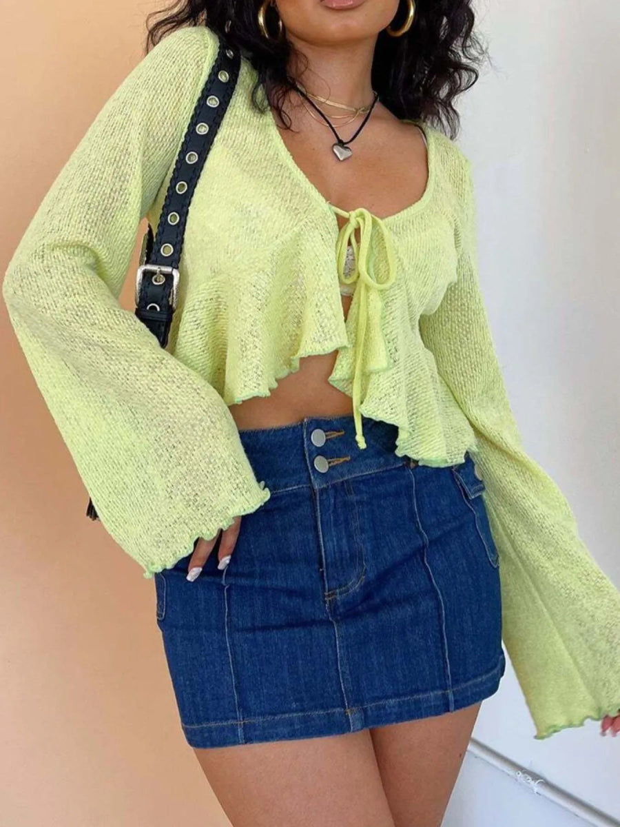 Ruffled Hem Tie - Front Cropped Cardigan - Love Salve