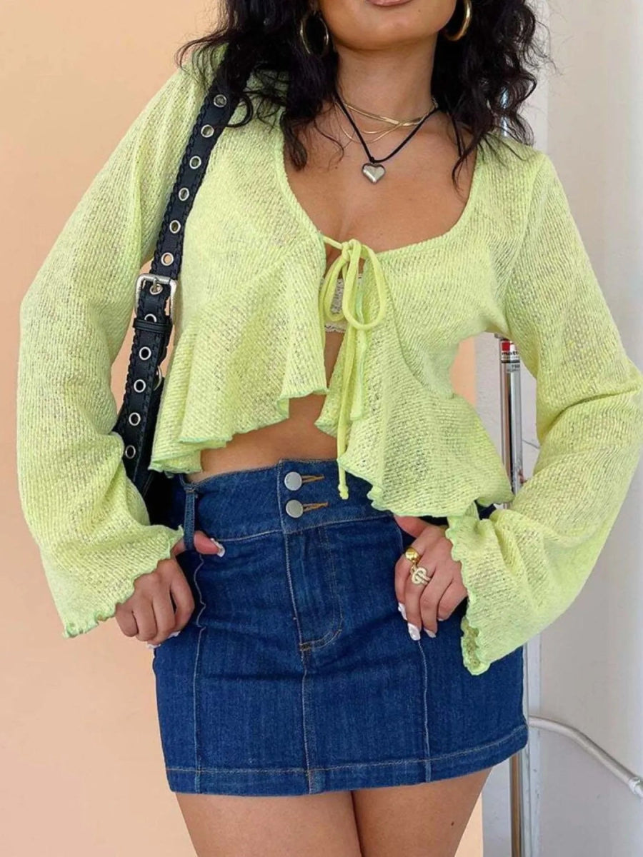 Ruffled Hem Tie - Front Cropped Cardigan - Love Salve