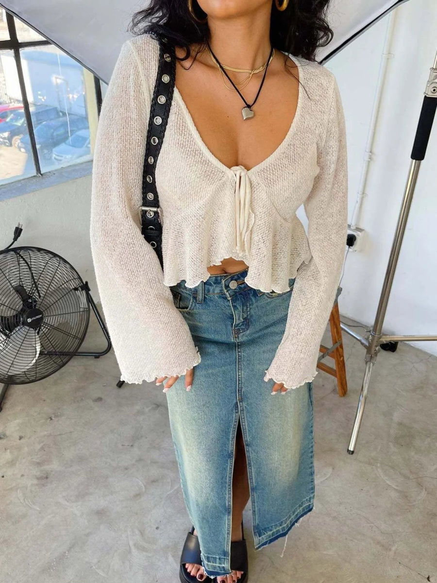 Ruffled Hem Tie - Front Cropped Cardigan - Love Salve