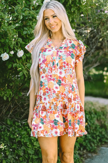 Ruffled Printed Cap Sleeve Mini Dress for Elegant Style - Love Salve
