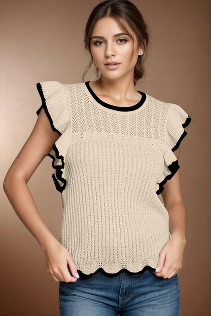 Ruffled Round Neck Cap Sleeve Knit Top - Love Salve