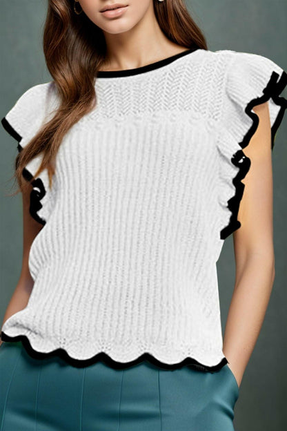 Ruffled Round Neck Cap Sleeve Knit Top - Love Salve