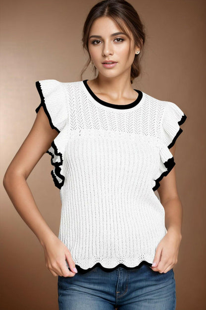 Ruffled Round Neck Cap Sleeve Knit Top - Love Salve