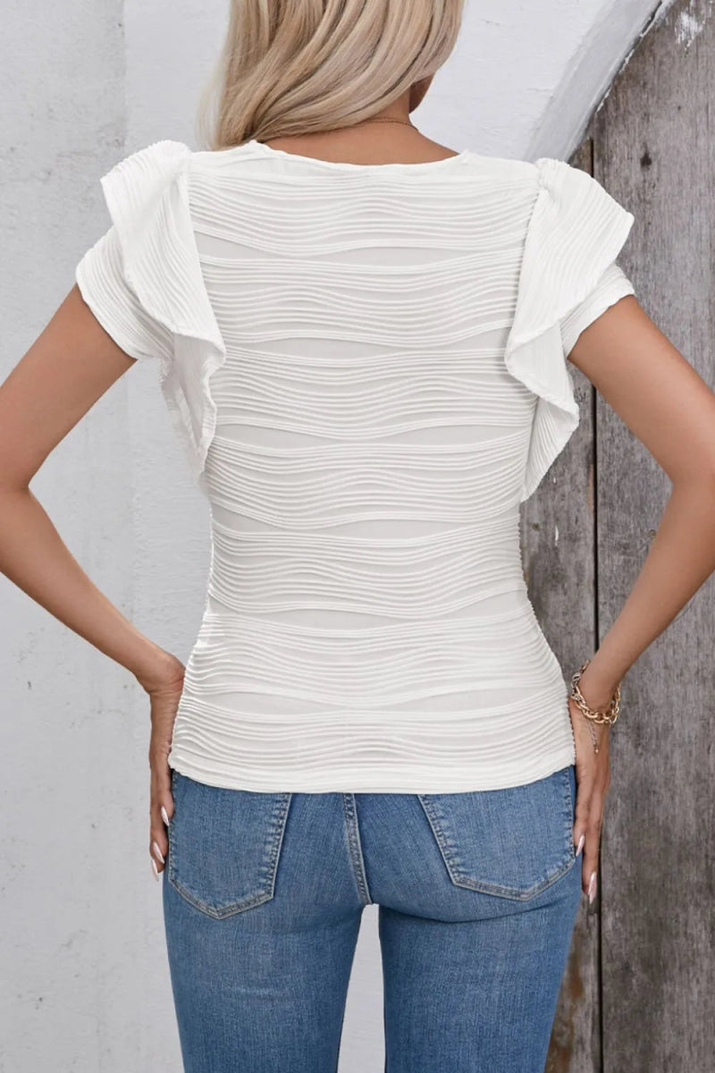 Ruffled Round Neck Textured Top - Love Salve