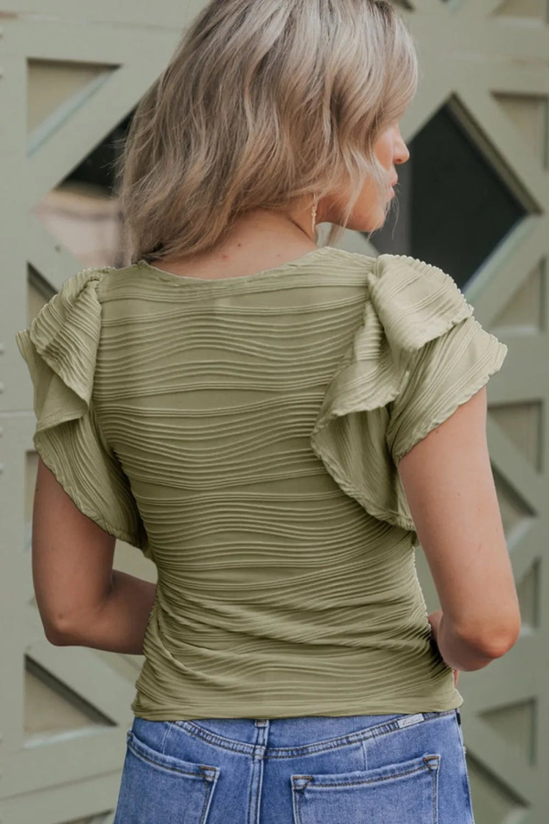 Ruffled Round Neck Textured Top - Love Salve