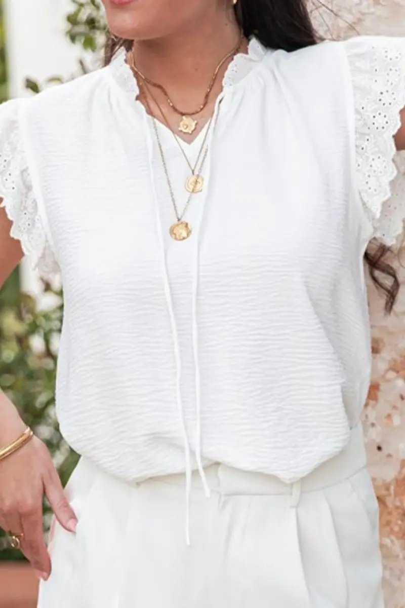 Ruffled Tie Neck Cap Sleeve Blouse for Stylish Women - Love Salve 