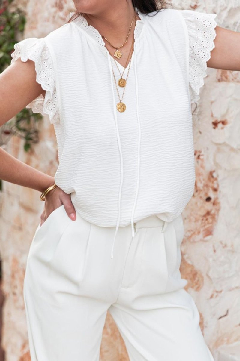 Ruffled Tie Neck Cap Sleeve Blouse for Stylish Women - Love Salve 