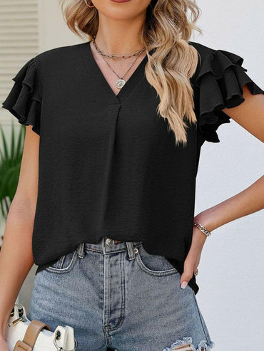 Graceful Ruffle V-Neck Sheer BlouseEnhance Your Wardrobe with the Graceful Ruffle V-Neck Sheer Blouse
 
 
Chic Design: Elevate your style with the graceful ruffles and a flattering V-neckline.
 
Cap SLove Salve -Neck Sheer BlouseColor