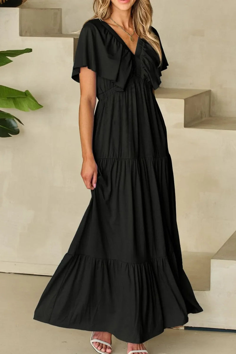 Ruffled V Neck Flutter Sleeve Maxi Dress for Women - Love Salve 