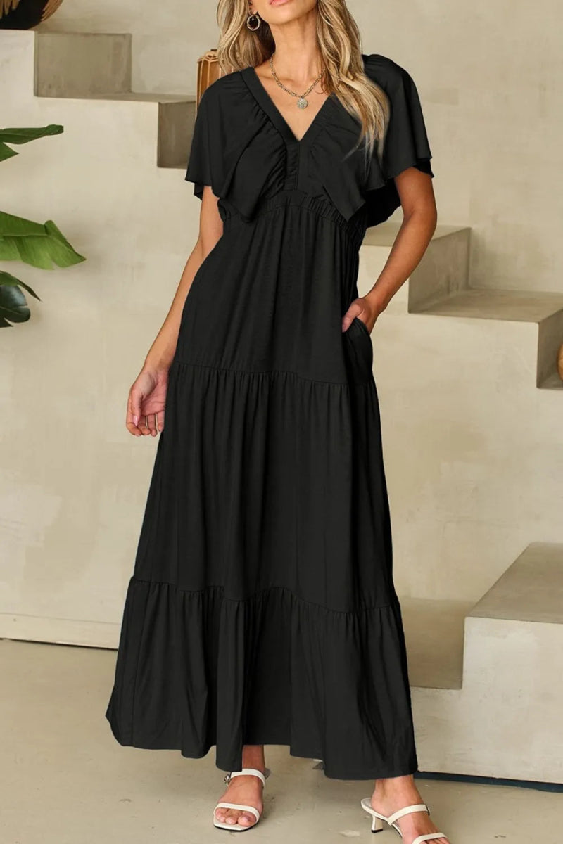Ruffled V Neck Flutter Sleeve Maxi Dress for Women - Love Salve 