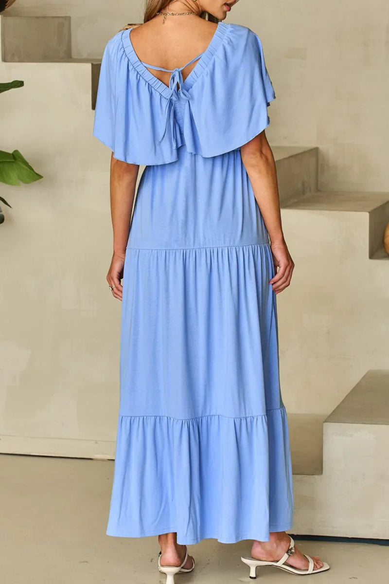 Ruffled V Neck Flutter Sleeve Maxi Dress for Women - Love Salve 